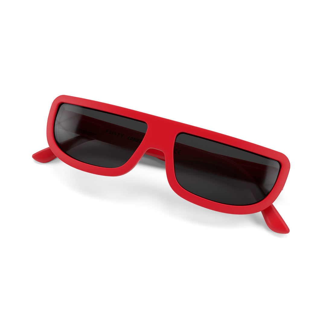 Side view of folded Feisty Sunglasses by London Mole with Red frames and Black Lens