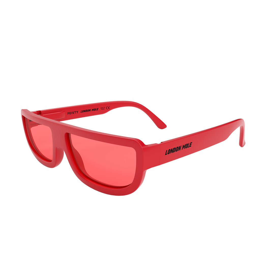 open skew - Feisty sunglasses in matt red featuring a utilitarian, straight top line frame and red UV400 lenses. The finishing touch to every outfit while protecting your eyes. 