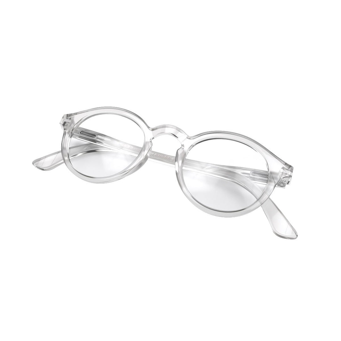 Skew Folded - Graduate Blue Blocker Glasses featuring a soft circle transparent frame and the ability to protect your eyes from artificial blue light. Ideal for fashion accessories, screen time, office work, gaming, scrolling on a mobile, and watching TV. 