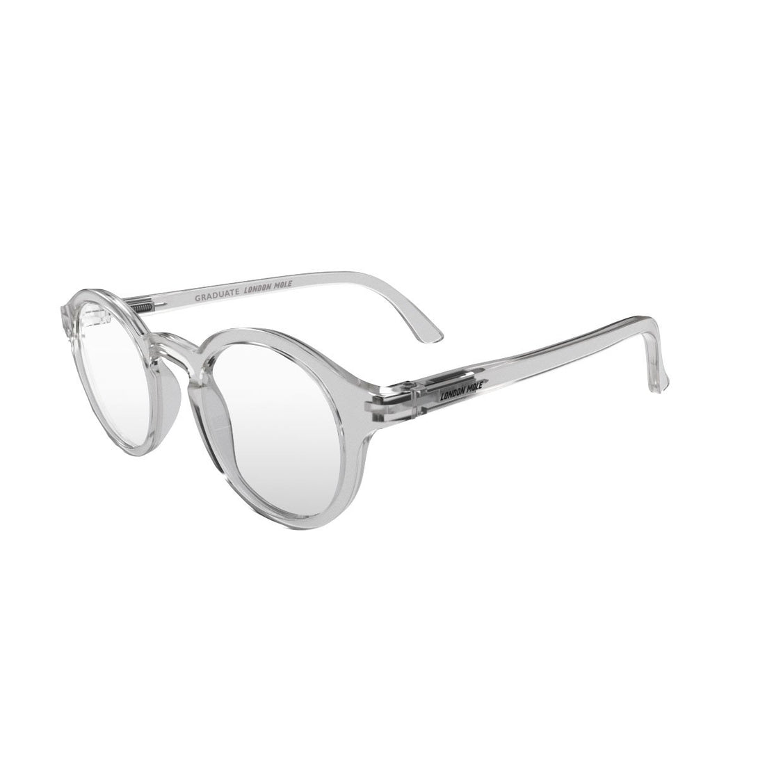 Open Skew - Graduate Blue Blocker Glasses featuring a soft circle transparent frame and the ability to protect your eyes from artificial blue light. Ideal for fashion accessories, screen time, office work, gaming, scrolling on a mobile, and watching TV. 