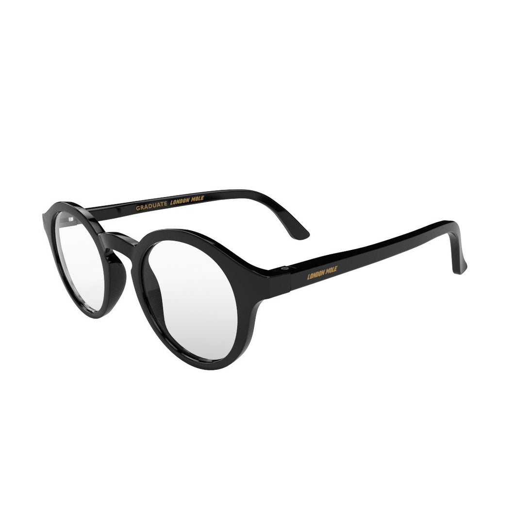 Open Skew - Graduate Blue Blocker Glasses in gloss black featuring a soft circle frame and the ability to protect your eyes from artificial blue light. Ideal for fashion accessories, screen time, office work, gaming, scrolling on a mobile, and watching TV. 