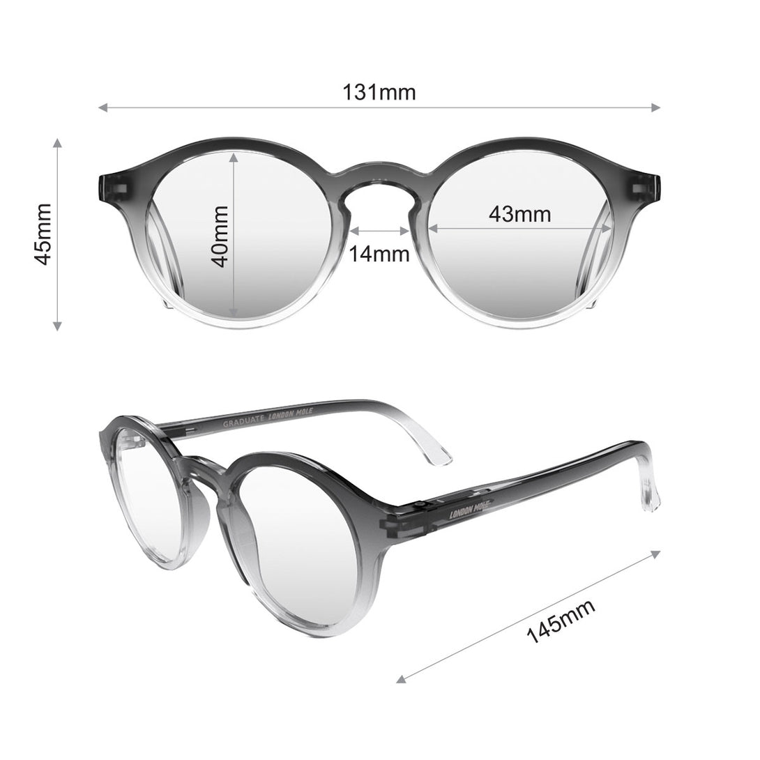 Dimensions - Graduate Blue Blocker Glasses in black transparent fade featuring a soft circle frame and the ability to protect your eyes from artificial blue light. Ideal for fashion accessories, screen time, office work, gaming, scrolling on a mobile, and watching TV. 