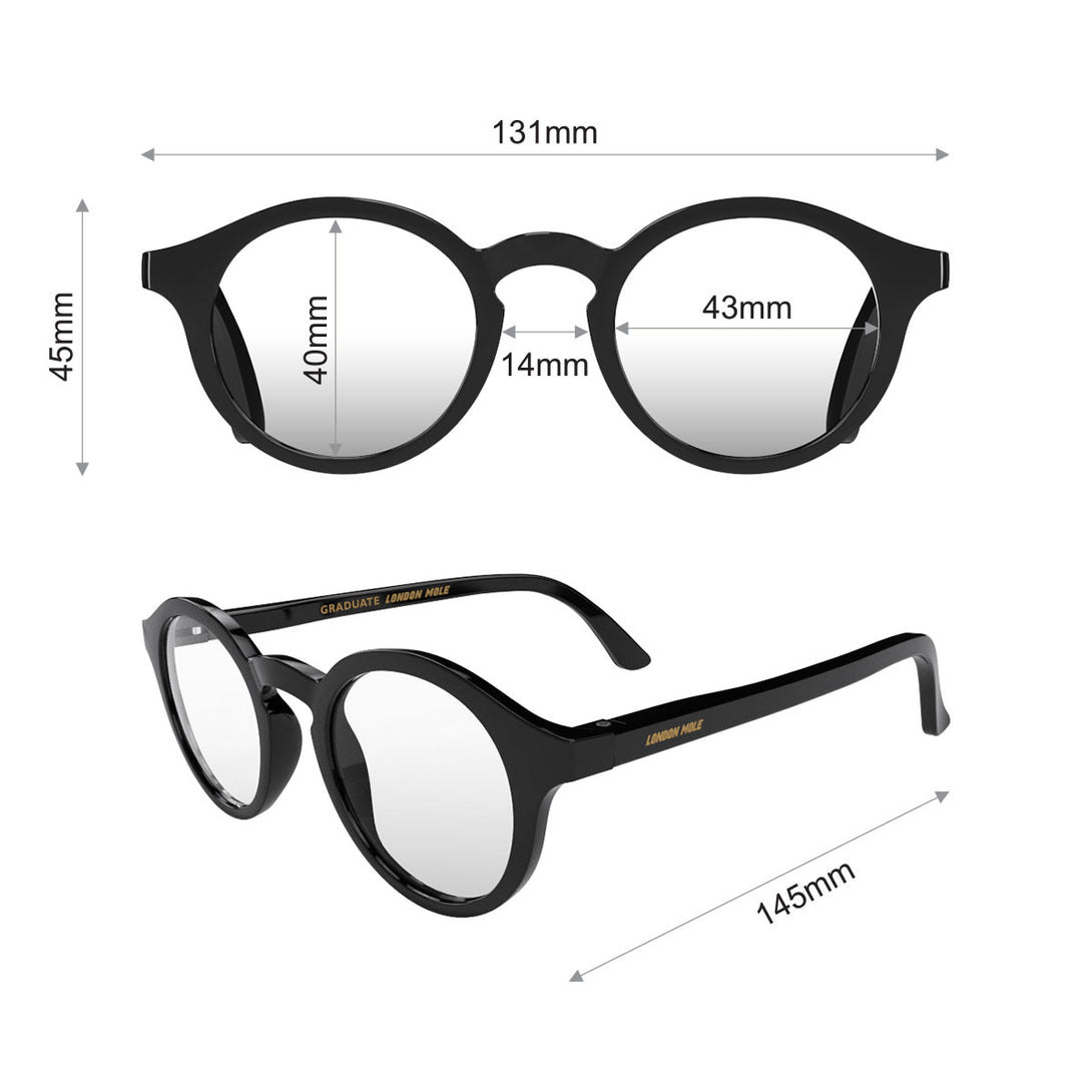 Dimensions - Graduate Blue Blocker Glasses in gloss black featuring a soft circle frame and the ability to protect your eyes from artificial blue light. Ideal for fashion accessories, screen time, office work, gaming, scrolling on a mobile, and watching TV. 
