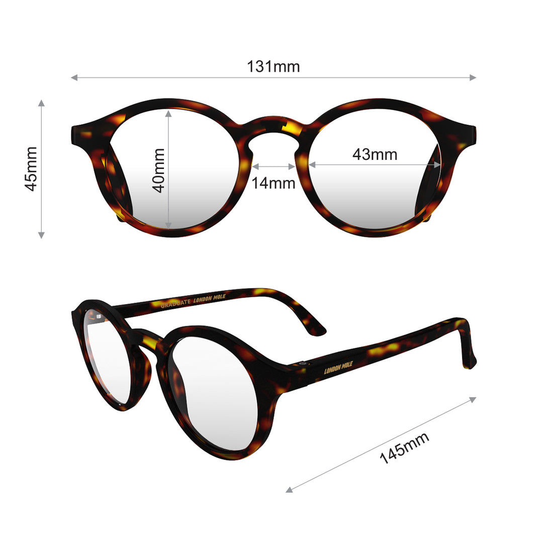 Dimensions - Graduate Blue Blocker Glasses in matt tortoiseshell featuring a soft circle frame and the ability to protect your eyes from artificial blue light. Ideal for fashion accessories, screen time, office work, gaming, scrolling on a mobile, and watching TV. 