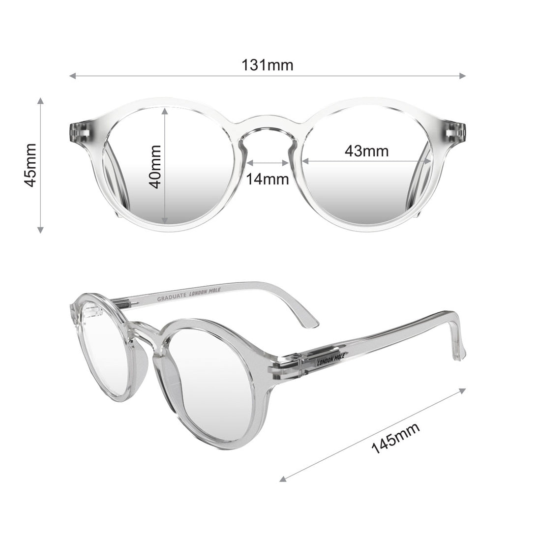 Dimensions - Graduate Blue Blocker Glasses featuring a soft circle transparent frame and the ability to protect your eyes from artificial blue light. Ideal for fashion accessories, screen time, office work, gaming, scrolling on a mobile, and watching TV. 