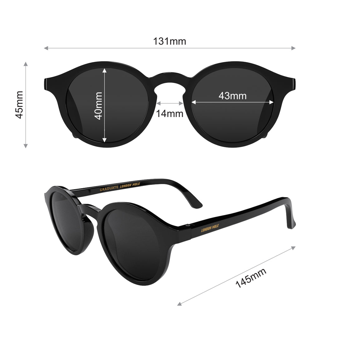 Dimensions - Graduate sunglasses in gloss black featuring a soft circle frame and black UV400 lenses. The finishing touch to every outfit while protecting your eyes. 