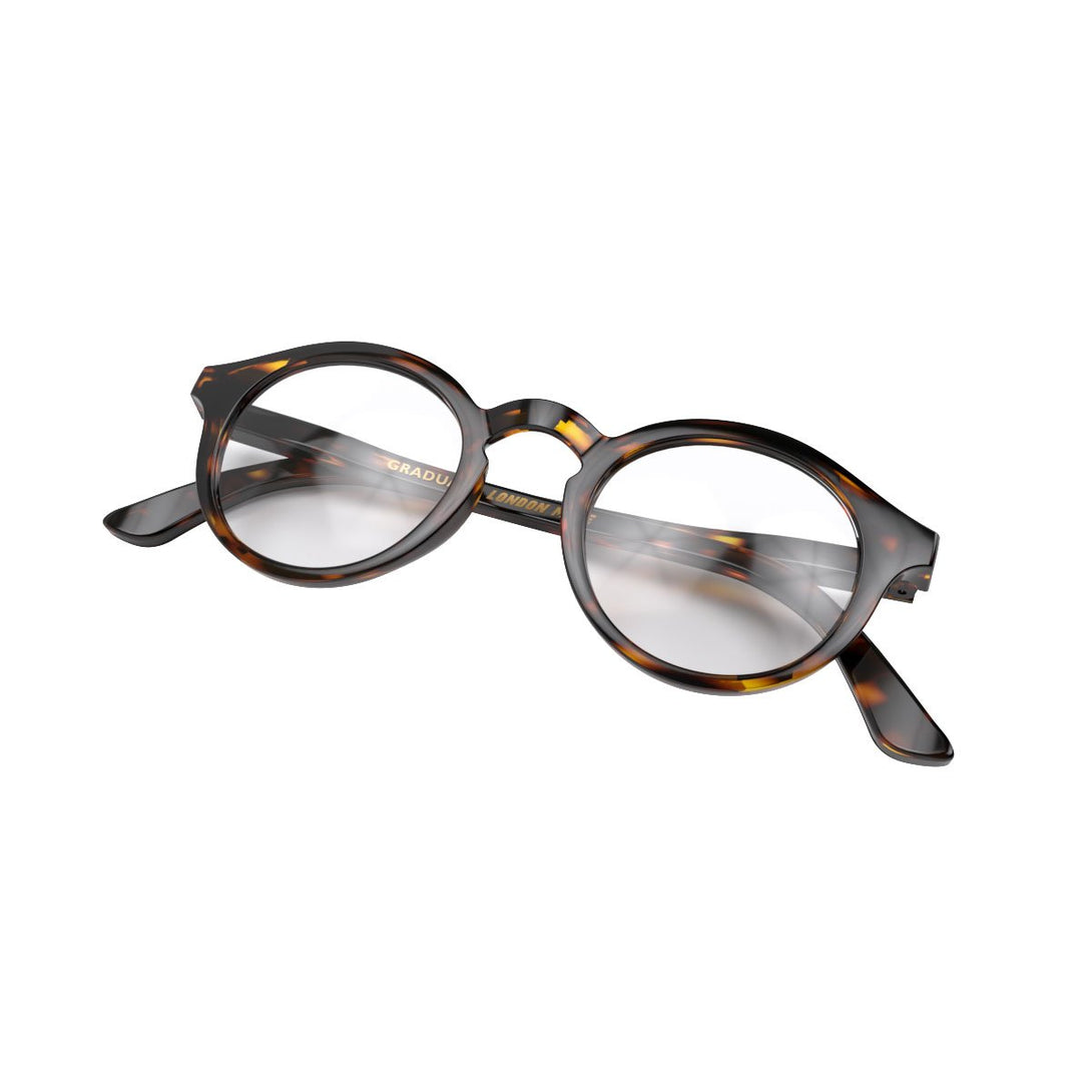 Folded Skew - Graduate Blue Blocker Glasses in brown tortoiseshell featuring a soft circle frame and the ability to protect your eyes from artificial blue light. Ideal for fashion accessories, screen time, office work, gaming, scrolling on a mobile, and watching TV. 
