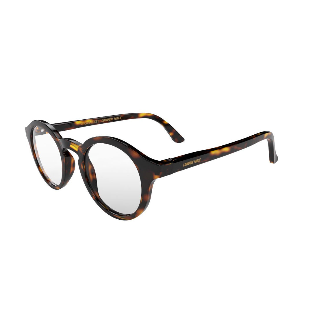 Open skew - Graduate Reading Glasses in gloss brown tortoiseshell featuring a soft circle frame and provide crystal clear vision. Available in a + 1, 1.5, 2, 2.5, 3 prescriptions.