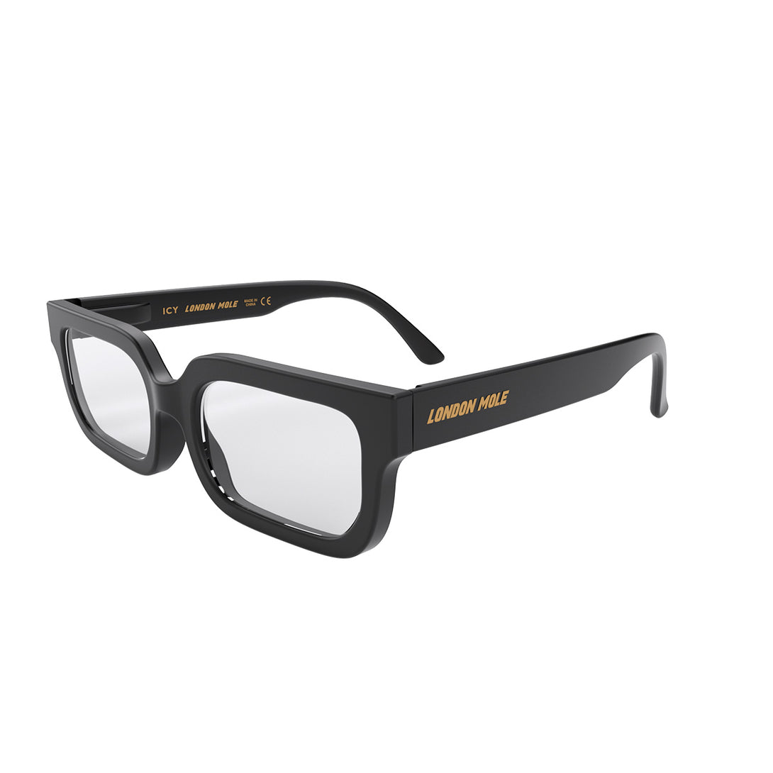 Open skew - Icy Blue Blocker Glasses in matt black featuring a bold rectangle frame and the ability to protect your eyes from artificial blue light. Ideal for fashion accessories, screen time, office work, gaming, scrolling on a mobile, and watching TV. 