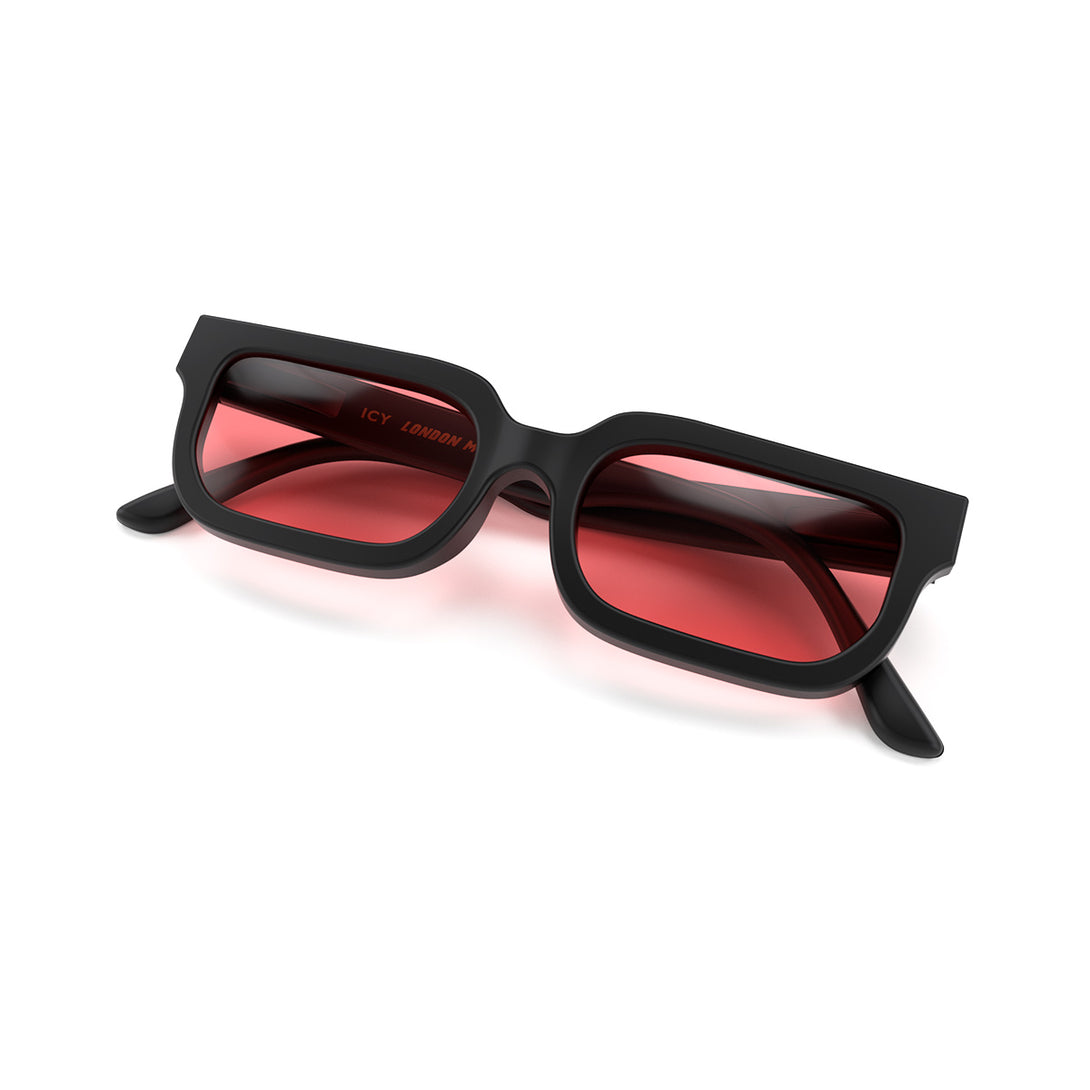 Front view folded of Icy Sunglasses by London Mole with Black Frames and Red Lenses