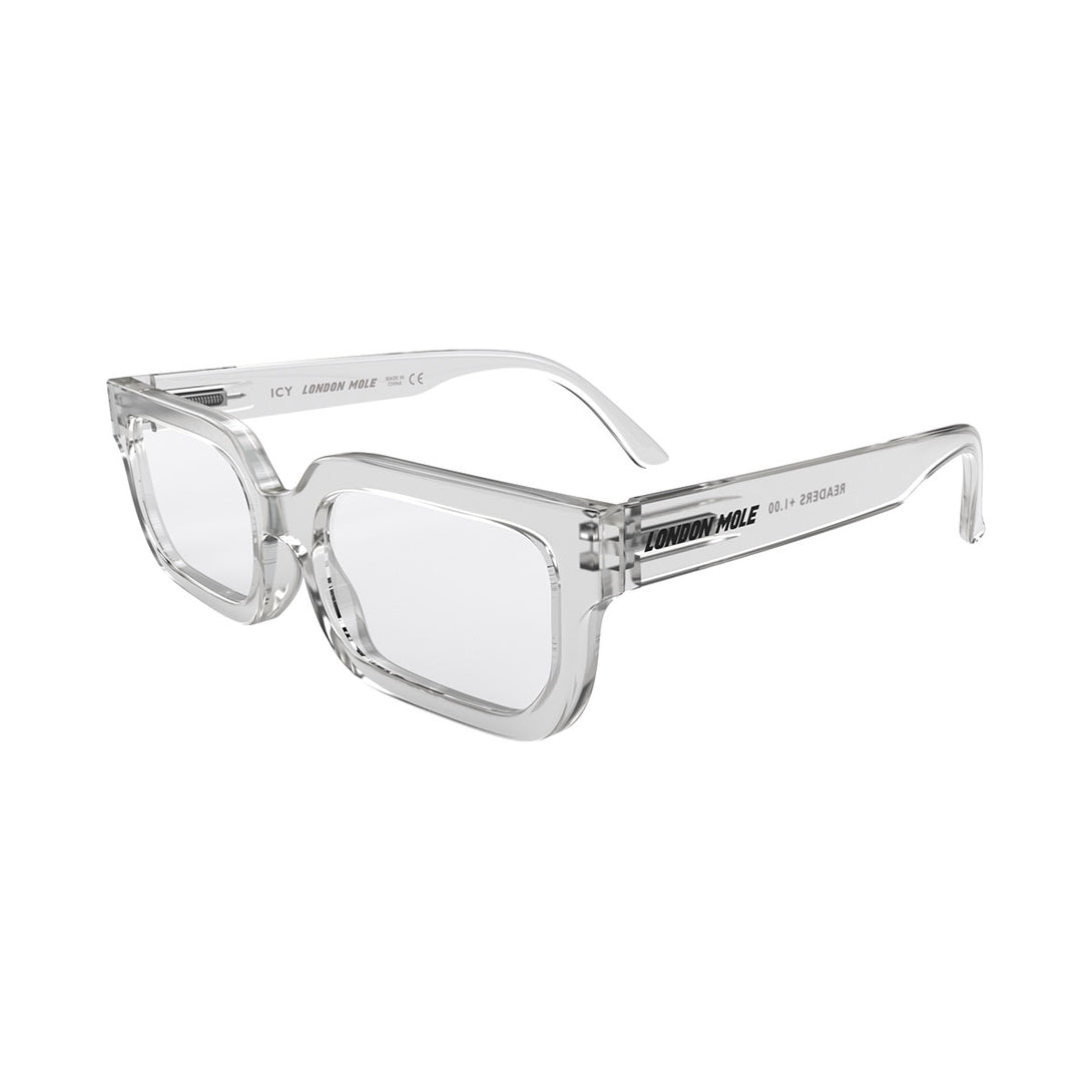 Open skew - Icy Blue Blocker Glasses featuring a bold rectangle, transparent frame and the ability to protect your eyes from artificial blue light. Ideal for fashion accessories, screen time, office work, gaming, scrolling on a mobile, and watching TV. 