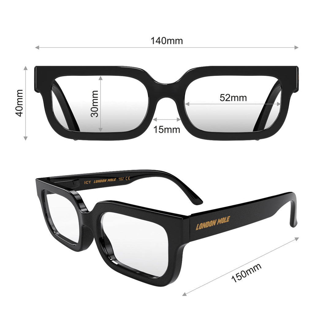 Dimensions - Icy Blue Blocker Glasses in gloss black featuring a bold rectangle frame and the ability to protect your eyes from artificial blue light. Ideal for fashion accessories, screen time, office work, gaming, scrolling on a mobile, and watching TV. 