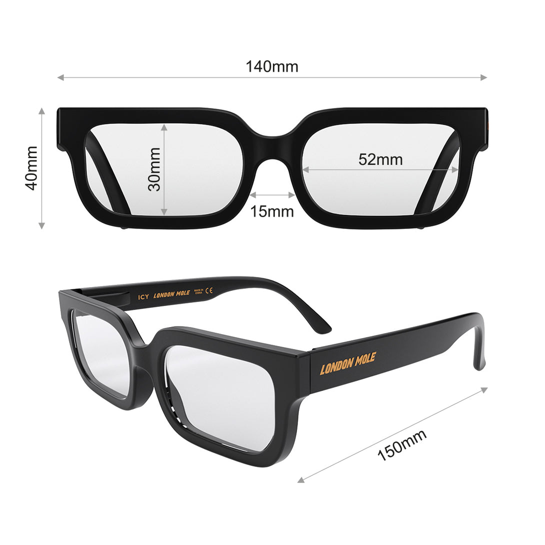 Dimension - Icy Blue Blocker Glasses in matt black featuring a bold rectangle frame and the ability to protect your eyes from artificial blue light. Ideal for fashion accessories, screen time, office work, gaming, scrolling on a mobile, and watching TV. 