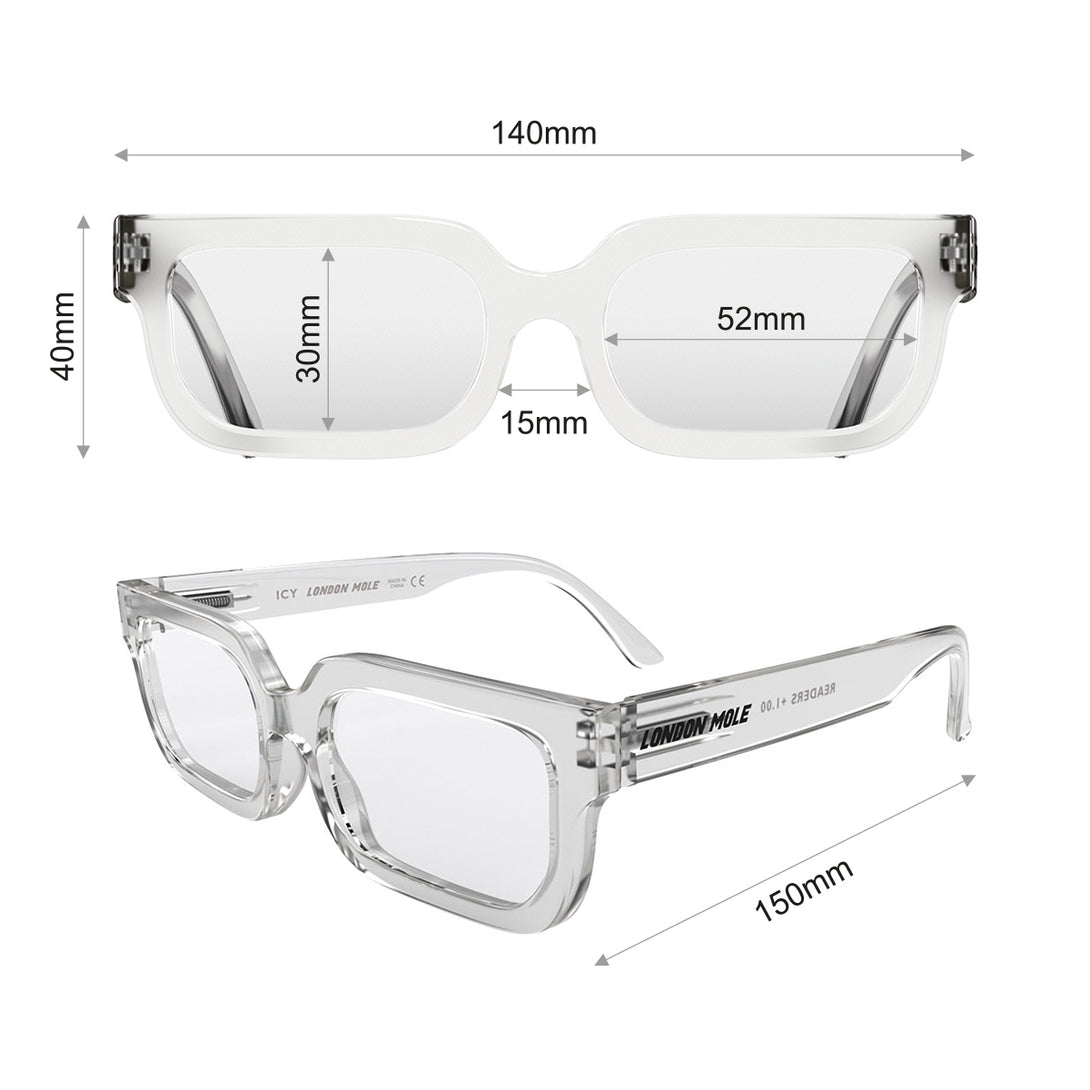 Dimension - Icy Blue Blocker Glasses featuring a bold rectangle, transparent frame and the ability to protect your eyes from artificial blue light. Ideal for fashion accessories, screen time, office work, gaming, scrolling on a mobile, and watching TV. 