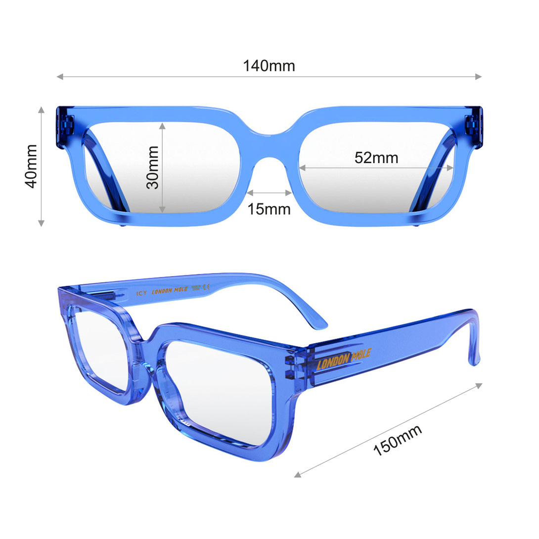 Dimensions - Icy Reading Glasses in transparent blue featuring a bold rectangle frame and provide crystal clear vision. Available in a + 1, 1.5, 2, 2.5, 3 prescriptions.