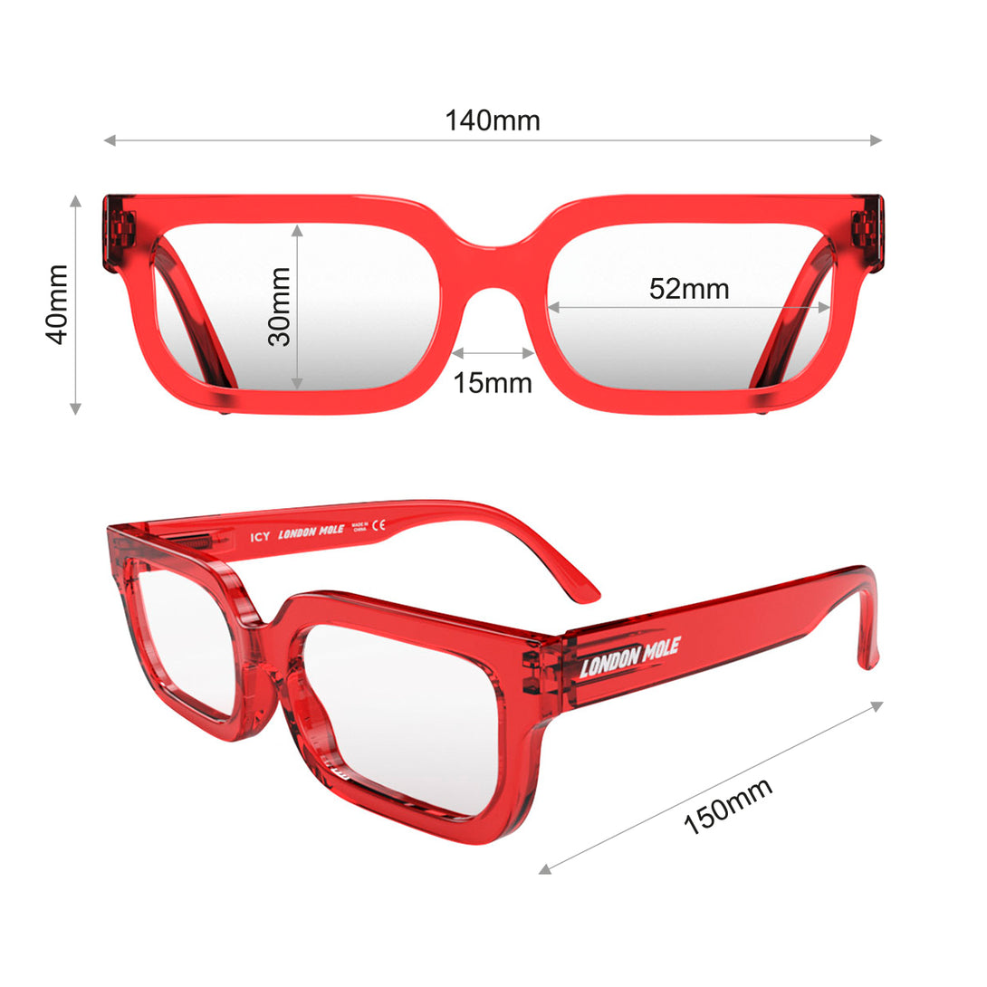 Dimension - Icy Blue Blocker Glasses in transparent red featuring a bold rectangle frame and the ability to protect your eyes from artificial blue light. Ideal for fashion accessories, screen time, office work, gaming, scrolling on a mobile, and watching TV. 