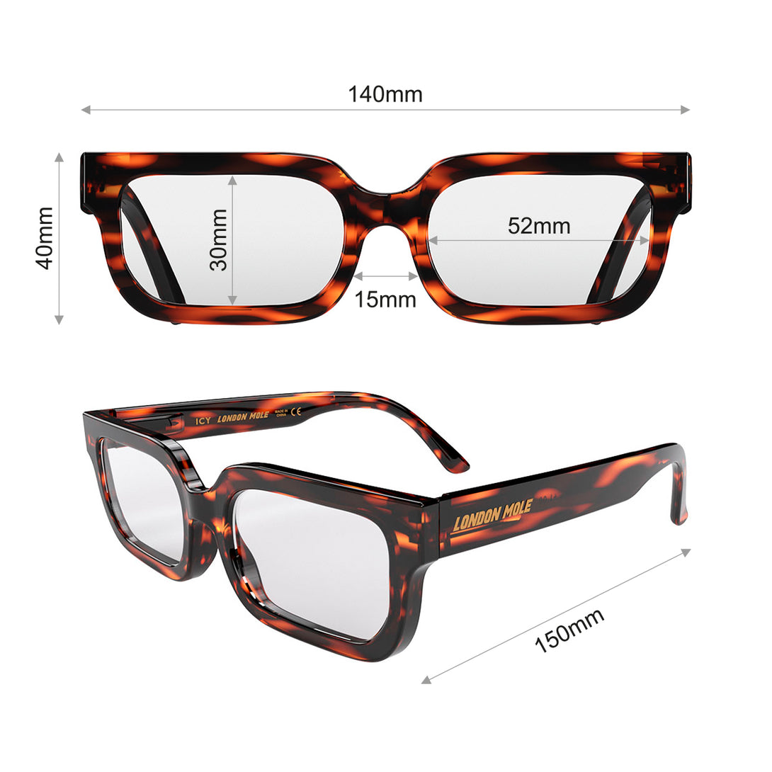 Dimensions - Icy Reading Glasses in gloss tortoiseshell featuring a bold rectangle frame and provide crystal clear vision. Available in a + 1, 1.5, 2, 2.5, 3 prescriptions.