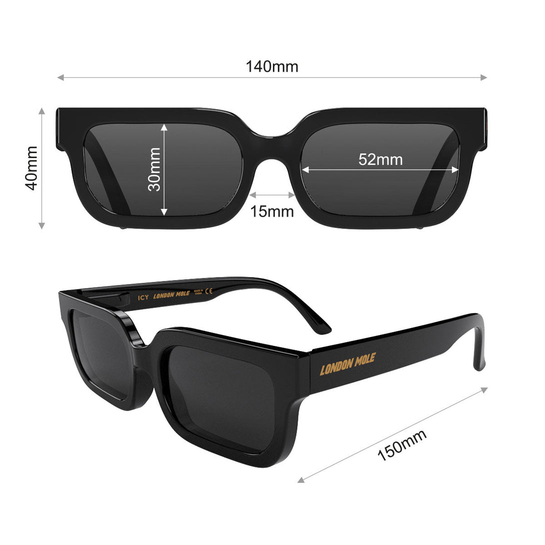 Dimensions - Icy sunglasses in gloss black featuring a bold rectangle frame and black UV400 lenses. The finishing touch to every outfit while protecting your eyes. 