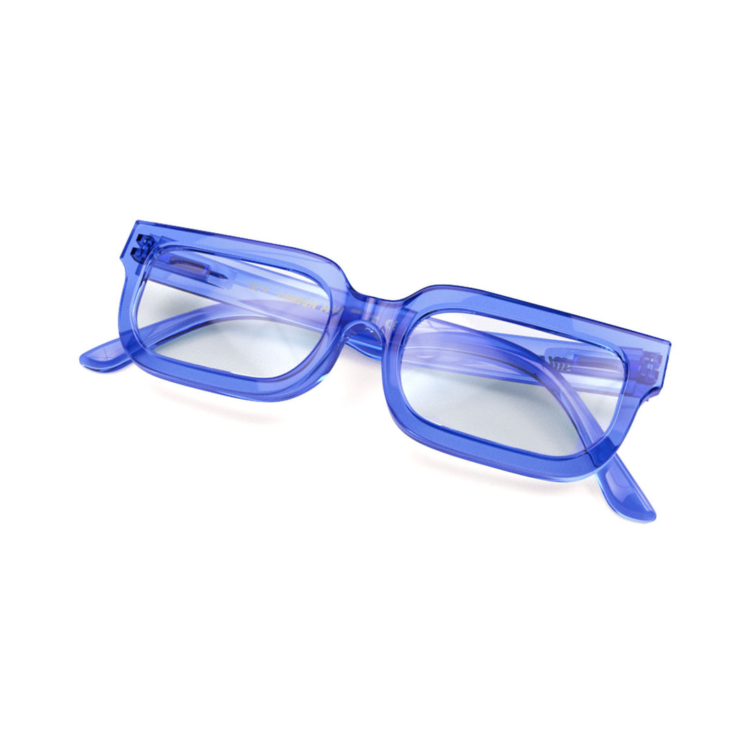 Closed skew view of the London Mole Icy Reading Glasses in Transparent Blue