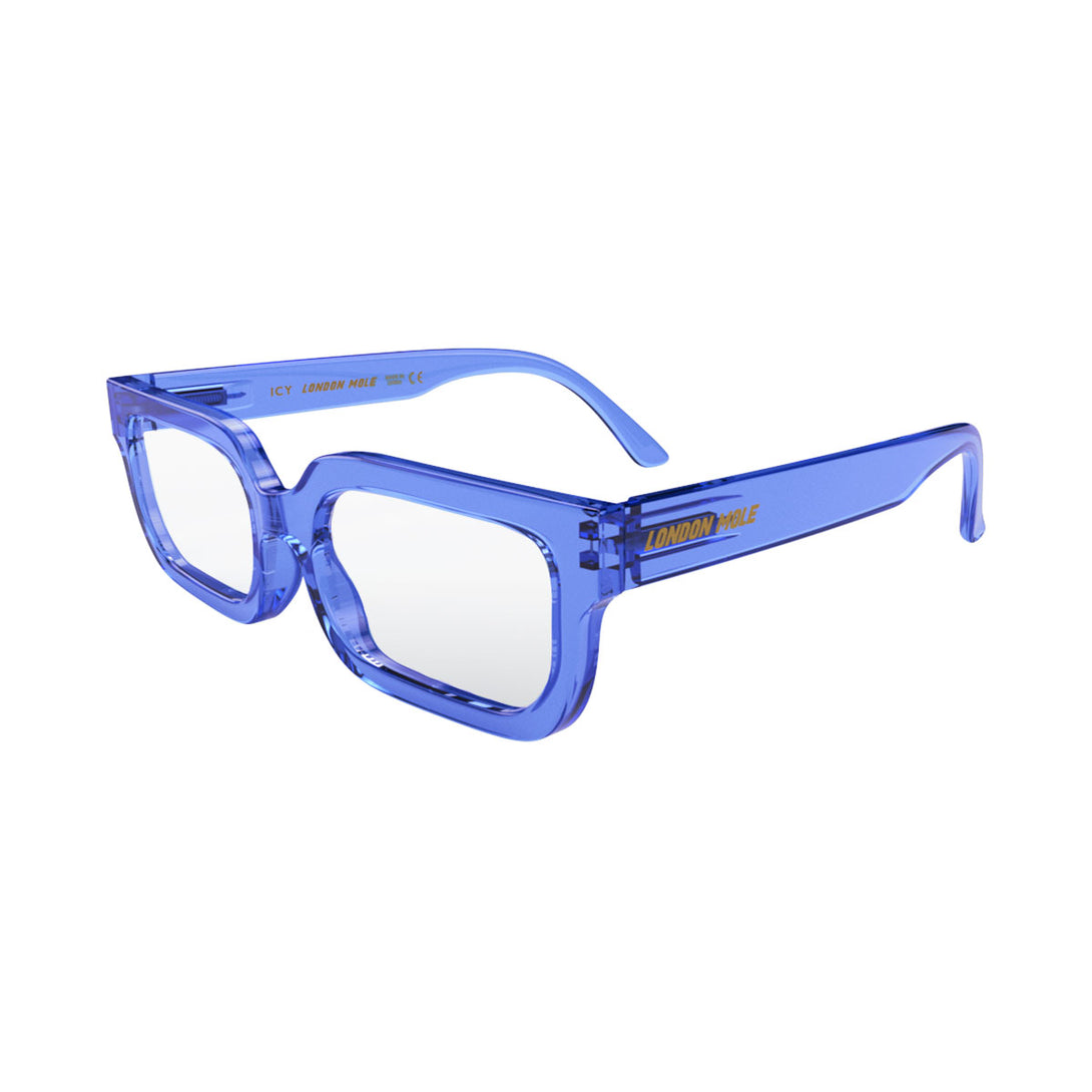 Open skew view of the London Mole Icy Reading Glasses in Transparent Blue