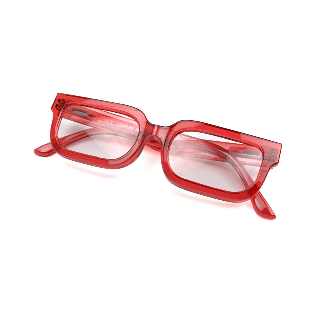 Closed skew - Icy Blue Blocker Glasses in transparent red featuring a bold rectangle frame and the ability to protect your eyes from artificial blue light. Ideal for fashion accessories, screen time, office work, gaming, scrolling on a mobile, and watching TV. 