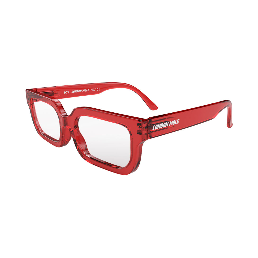 Open skew view of the London Mole Icy Reading Glasses in Transparent Red
