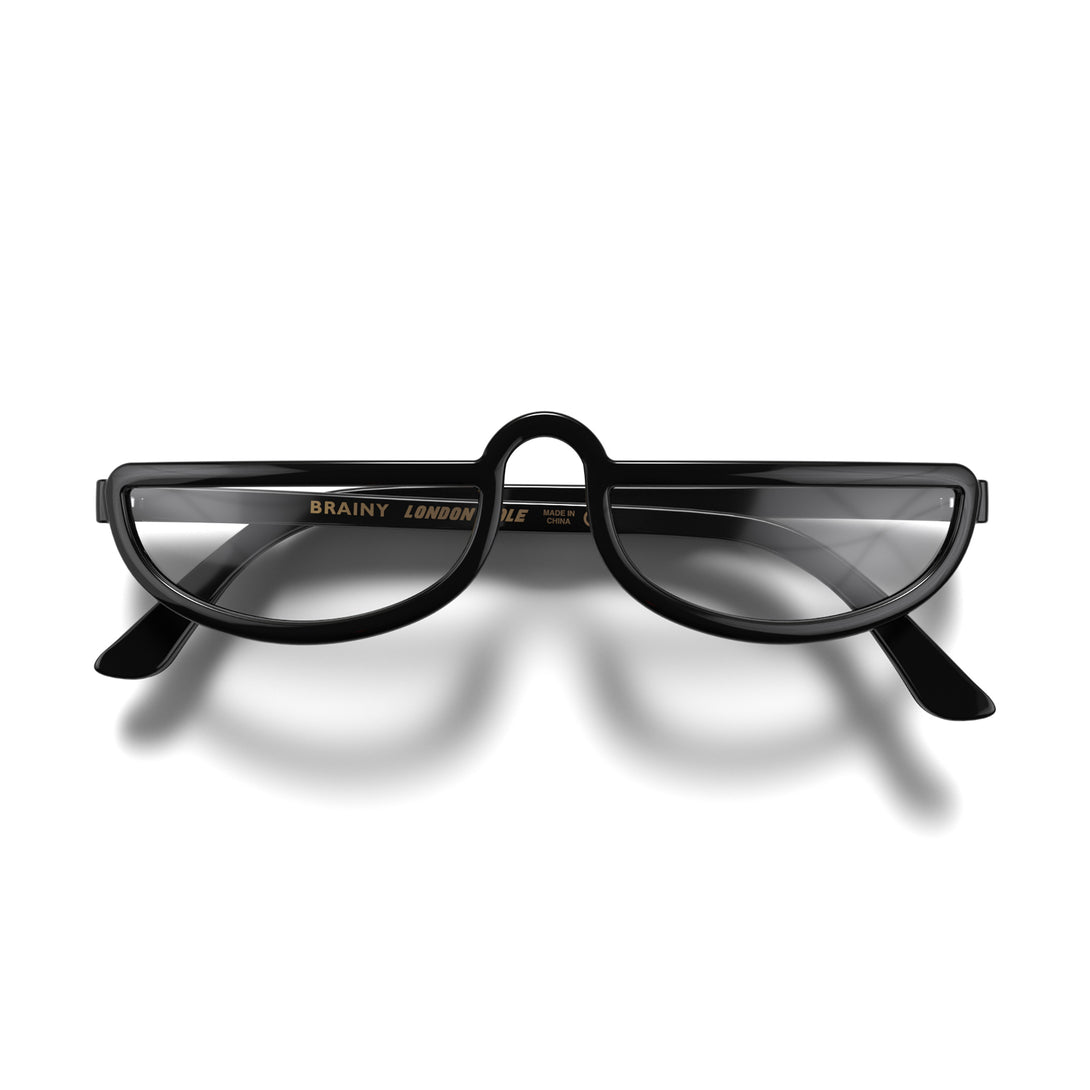 Front - Brainy Reading Glasses in gloss black featuring a half-moon frame and provide crystal clear vision. Available in a + 1, 1.5, 2, 2.5, 3 prescriptions.