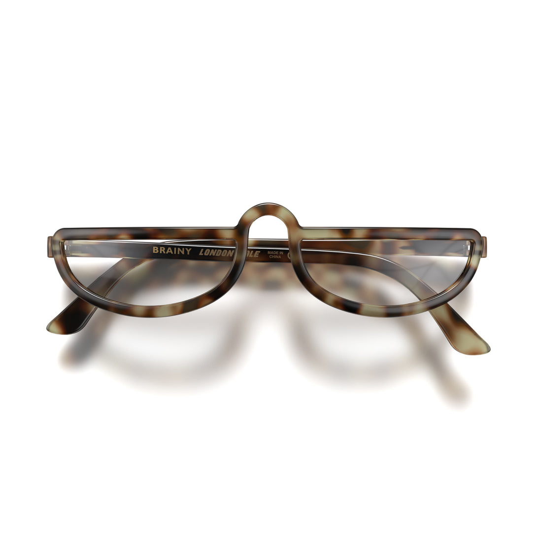 Front - Brainy Blue Blocker Glasses in pale tortoiseshell featuring a half-moon frame and the ability to protect your eyes from artificial blue light. Ideal for fashion accessories, screen time, office work, gaming, scrolling on a mobile, and watching TV.