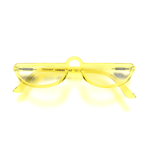 Front - Brainy Blue Blocker Glasses in transparent yellow featuring a half-moon frame and the ability to protect your eyes from artificial blue light. Ideal for fashion accessories, screen time, office work, gaming, scrolling on a mobile, and watching TV. 