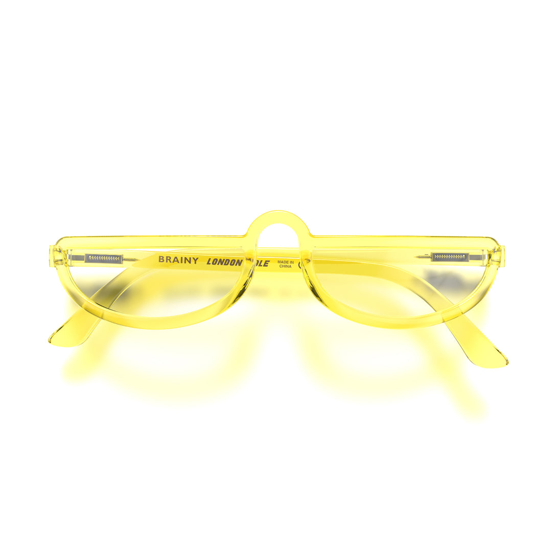 Front - Brainy Reading Glasses in transparent yellow featuring a half-moon frame and provide crystal clear vision. Available in a + 1, 1.5, 2, 2.5, 3 prescriptions.