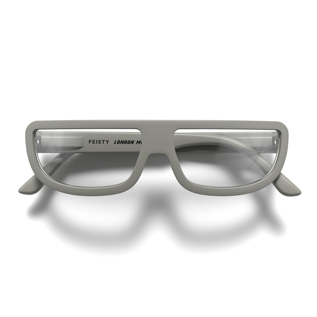 Front - Feisty Blue Blocker Glasses in matt grey featuring a half-moon frame and the ability to protect your eyes from artificial blue light. Ideal for fashion accessories, screen time, office work, gaming, scrolling on a mobile, and watching TV. 