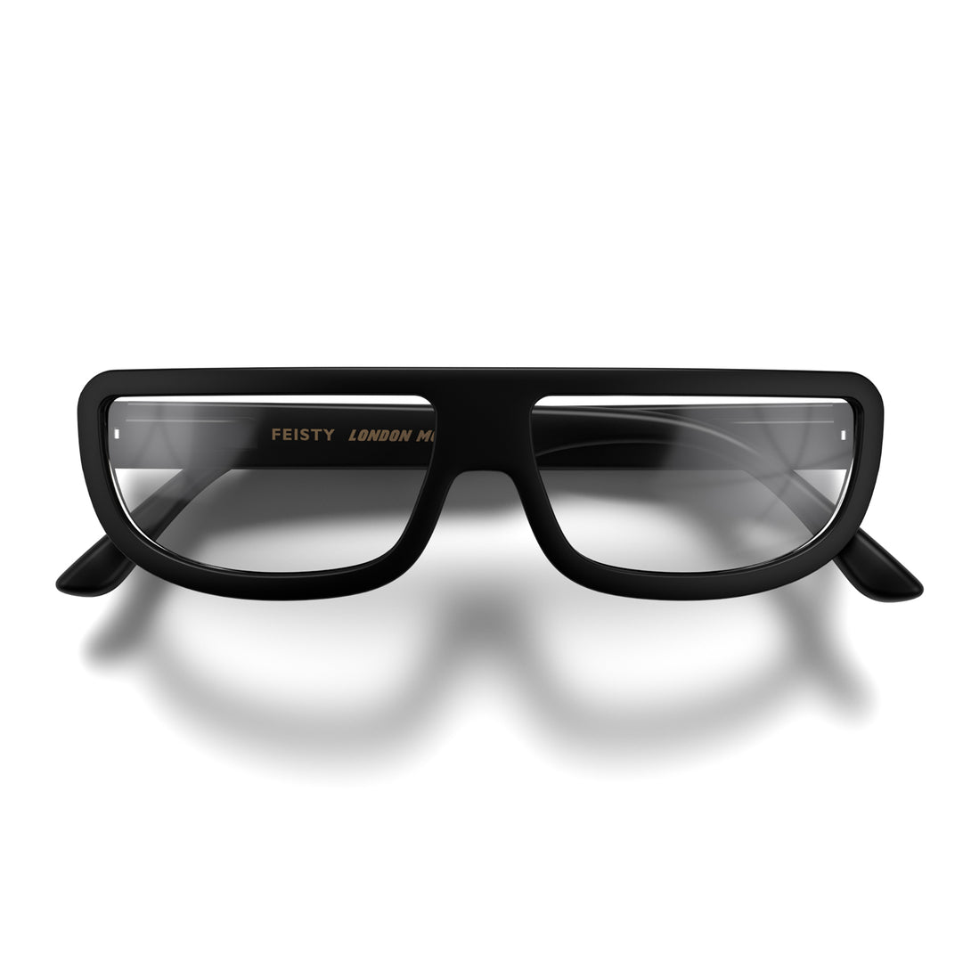 Front - Feisty Blue Blocker Glasses in matt black featuring a half-moon frame and the ability to protect your eyes from artificial blue light. Ideal for fashion accessories, screen time, office work, gaming, scrolling on a mobile, and watching TV. 