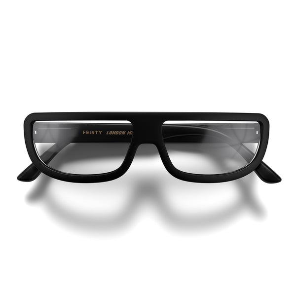 Front - Feisty Reading Glasses in matt black featuring a utilitarian, striaght top line frame and provide crystal clear vision. Available in a + 1, 1.5, 2, 2.5, 3 prescriptions.
