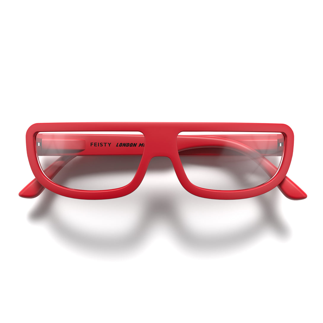 Front - Feisty Blue Blocker Glasses in matt red featuring a utilitarian, straight top line frame and the ability to protect your eyes from artificial blue light. Ideal for fashion accessories, screen time, office work, gaming, scrolling on a mobile, and watching TV. 