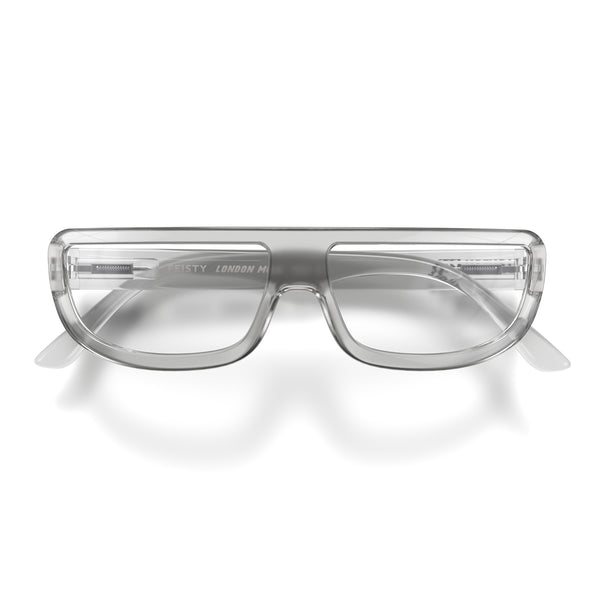 Front - Feisty Reading Glasses featuring a transparent utilitarian, straight top line frame and provide crystal clear vision. Available in a + 1, 1.5, 2, 2.5, 3 prescriptions.