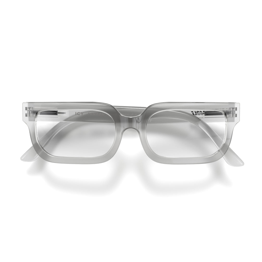 Front - Icy Reading Glasses featuring a bold rectangle, transparent frame and provide crystal clear vision. Available in a + 1, 1.5, 2, 2.5, 3 prescriptions.