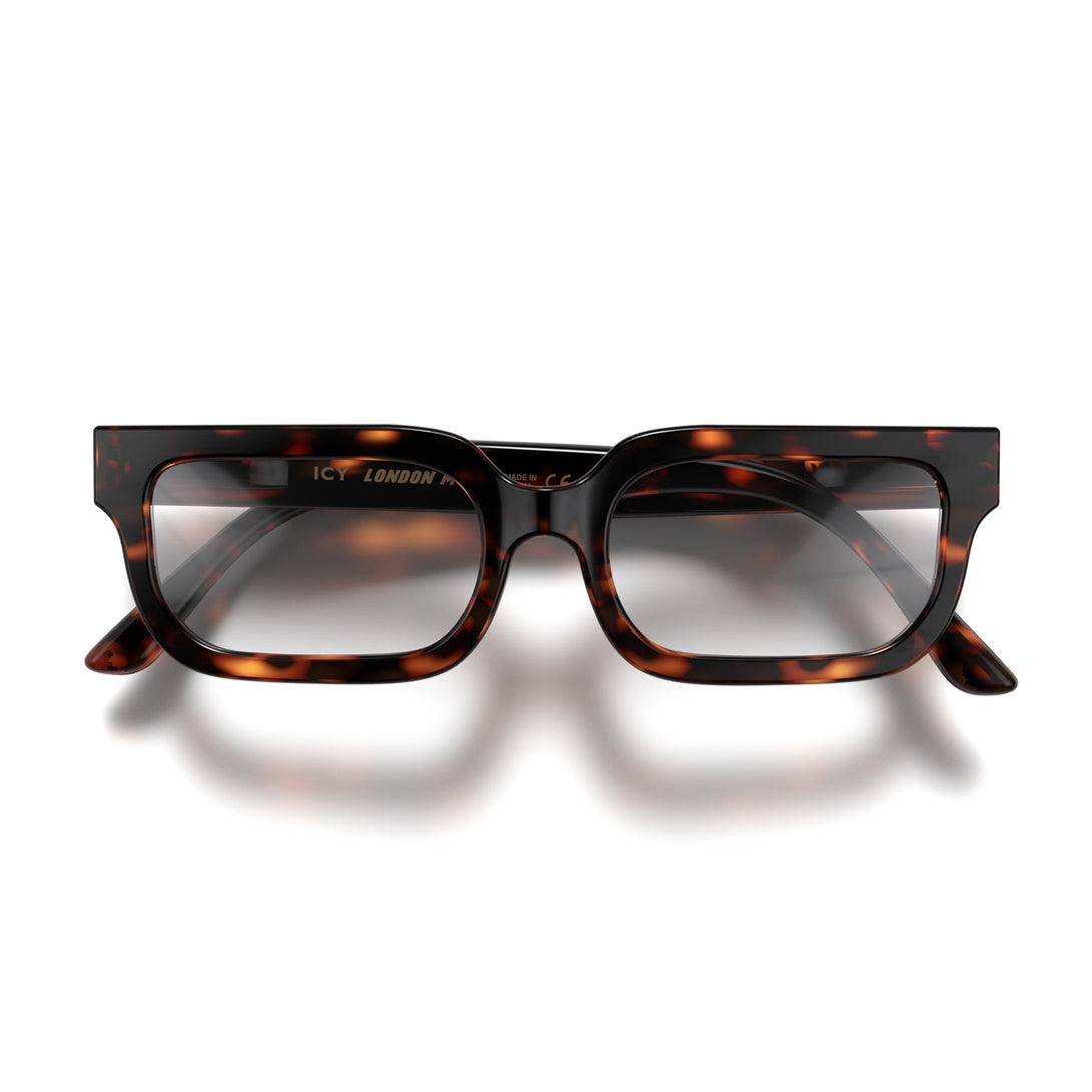 Front - Icy Reading Glasses in gloss tortoiseshell featuring a bold rectangle frame and provide crystal clear vision. Available in a + 1, 1.5, 2, 2.5, 3 prescriptions.