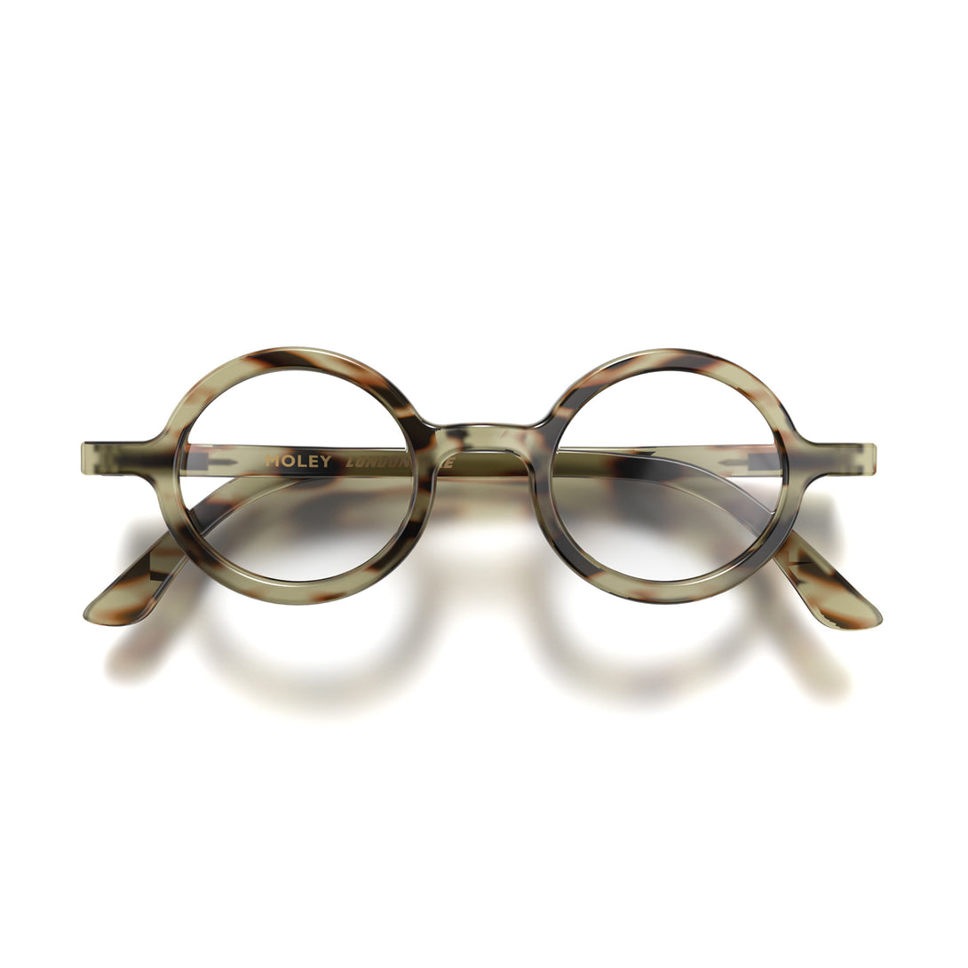Front - Moley Blue Blocker Glasses in gloss tortoiseshell featuring an eccentrically round frame and the ability to protect your eyes from artificial blue light. Ideal for fashion accessories, screen time, office work, gaming, scrolling on a mobile, and watching TV. 