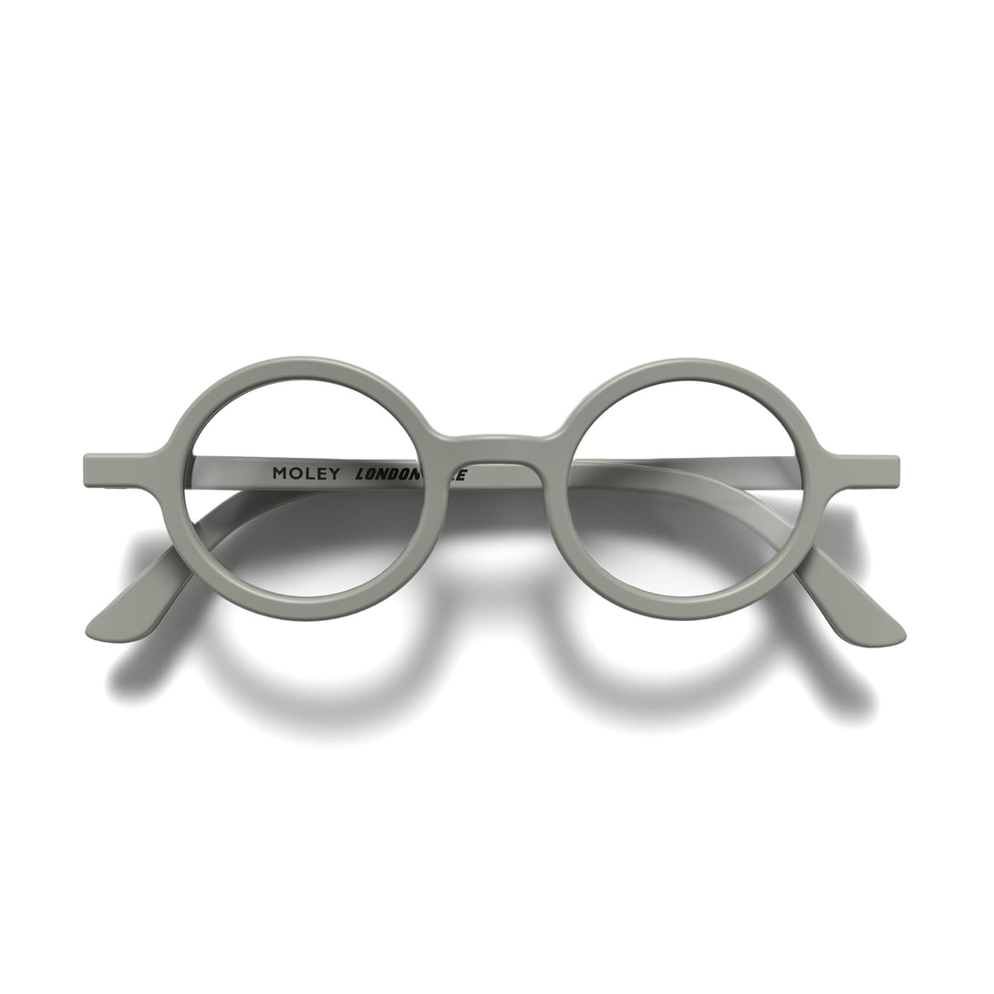 Front - Moley Reading Glasses in matt grey featuring an eccentrically round frame and provide crystal clear vision. Available in a + 1, 1.5, 2, 2.5, 3 prescriptions.