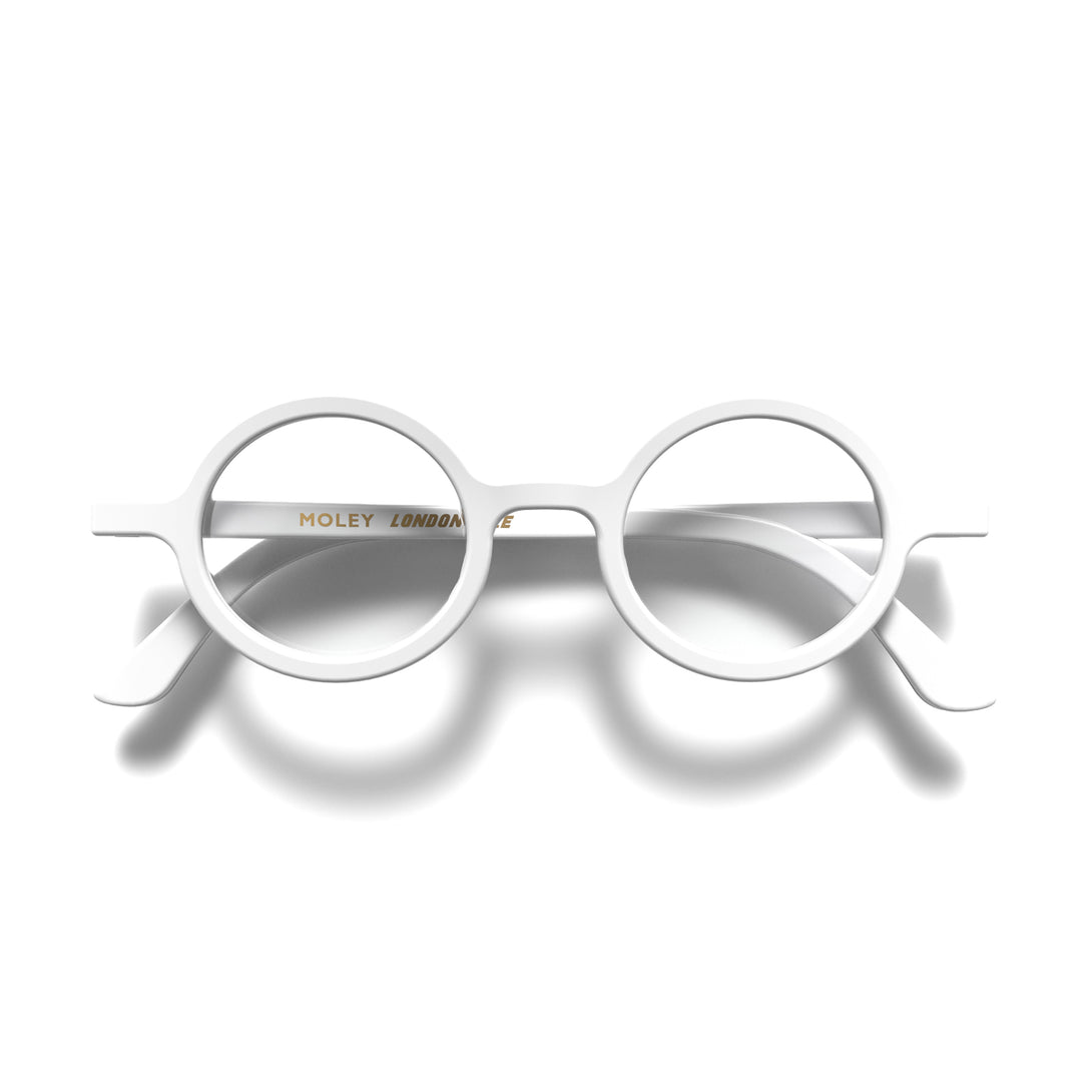 Front - Moley Reading Glasses in matt white featuring an eccentrically round frame and provide crystal clear vision. Available in a + 1, 1.5, 2, 2.5, 3 prescriptions.