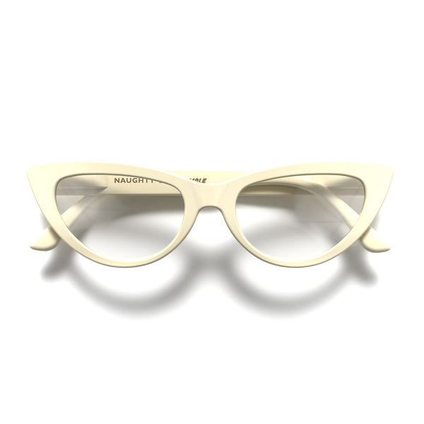 Front - Naughty Blue Blocker Glasses in gloss cream featuring a classic cat-eye frame and the ability to protect your eyes from artificial blue light. Ideal for fashion accessories, screen time, office work, gaming, scrolling on a mobile, and watching TV. 