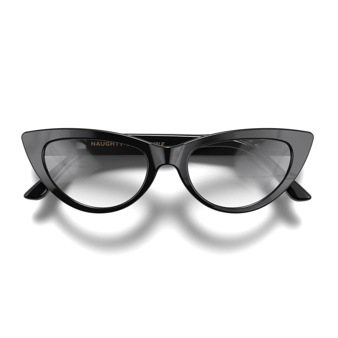 Front - Naughty Blue Blocker Glasses in gloss black featuring a classic cat-eye frame and the ability to protect your eyes from artificial blue light. Ideal for fashion accessories, screen time, office work, gaming, scrolling on a mobile, and watching TV. 