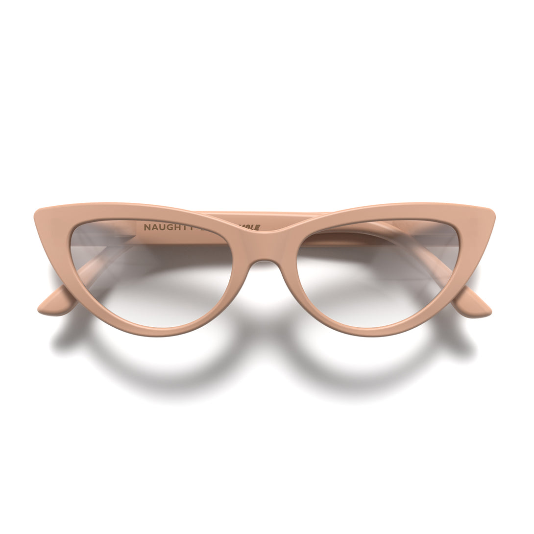 Front - Naughty Blue Blocker Glasses in soft pink featuring a classic cat-eye frame and the ability to protect your eyes from artificial blue light. Ideal for fashion accessories, screen time, office work, gaming, scrolling on a mobile, and watching TV. 