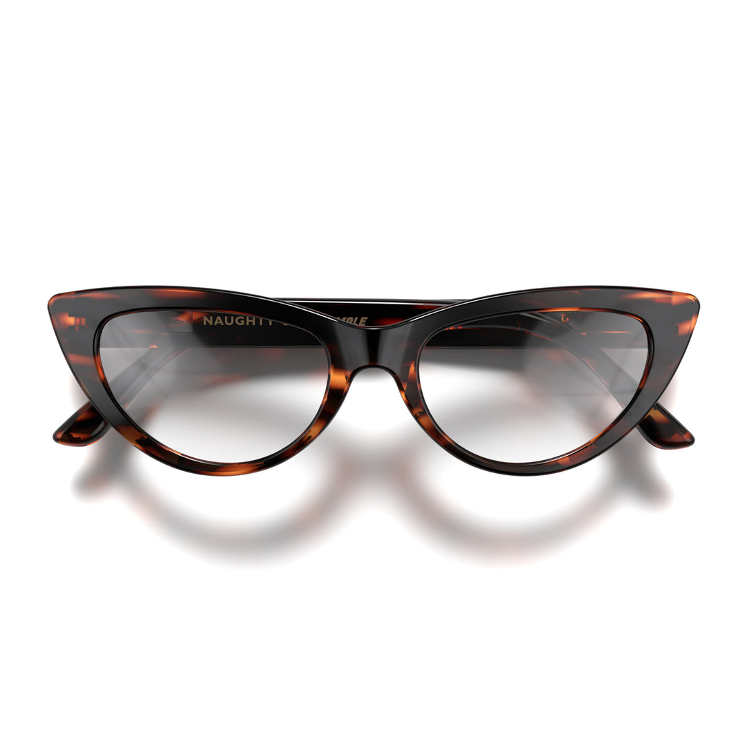 Front - Naughty Blue Blocker Glasses in tortoiseshell featuring a classic cat-eye frame and the ability to protect your eyes from artificial blue light. Ideal for fashion accessories, screen time, office work, gaming, scrolling on a mobile, and watching TV. 