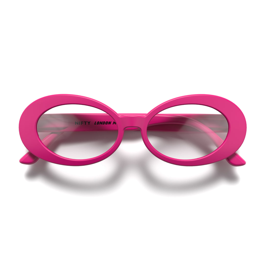 Front - Nifty Blue Blocker Glasses in matt pink featuring a bold, vintage oval frame and the ability to protect your eyes from artificial blue light. Ideal for fashion accessories, screen time, office work, gaming, scrolling on a mobile, and watching TV. 