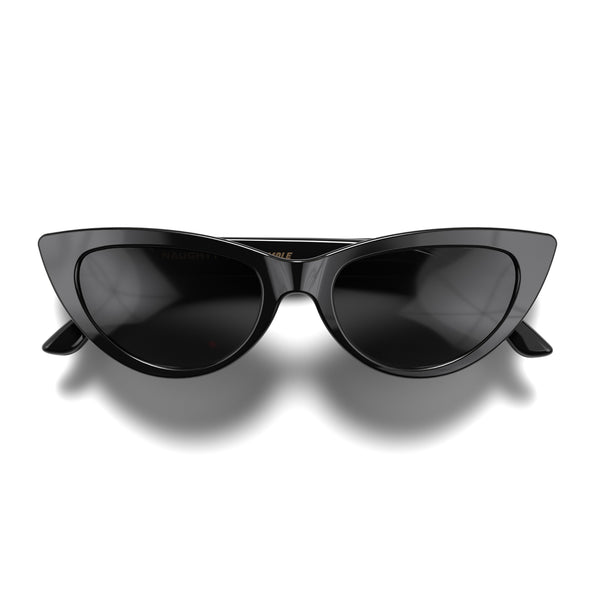 Front - Naughty sunglasses in gloss black featuring a classic cat-eye frame and black UV400 lenses. The perfect accessory.
