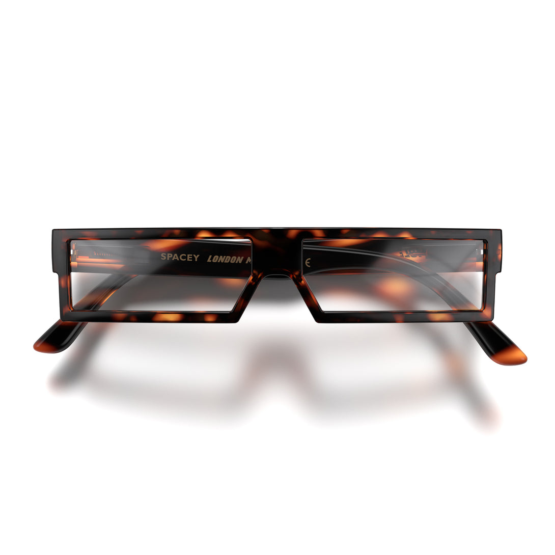 Front - Spacey Reading Glasses in gloss tortoiseshell featuring a modern rectangle frame with a utilitarian look and providing crystal clear vision. Available in a + 1, 1.5, 2, 2.5, 3 prescriptions.