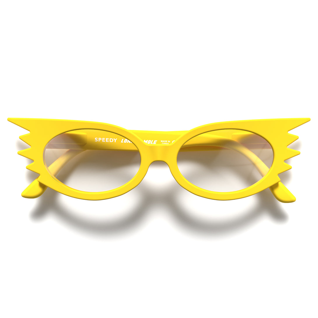 Front - Speedy Blue Blocker Glasses in matt yellow featuring an extravagent vintage frame with a utilitarian look and the ability to protect your eyes from artificial blue light. Ideal for fashion accessories, screen time, office work, gaming, scrolling on a mobile, and watching TV. 