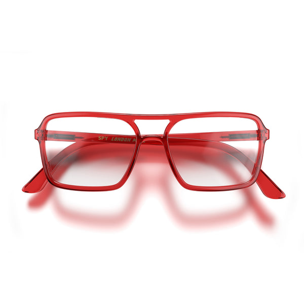 Spy blue blocker glasses in transparent red