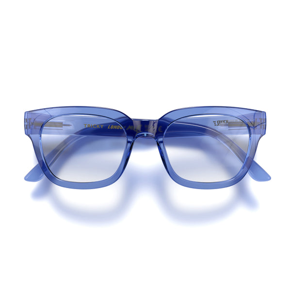 Tricky reading glasses in transparent blue